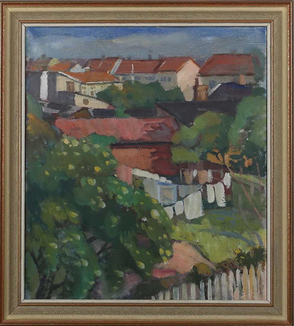 GÖTE REX. "Utsikt från mitt fönster". Olja på duk. Signerad G Rex. — Paintings — Garpenhus Auktioner
