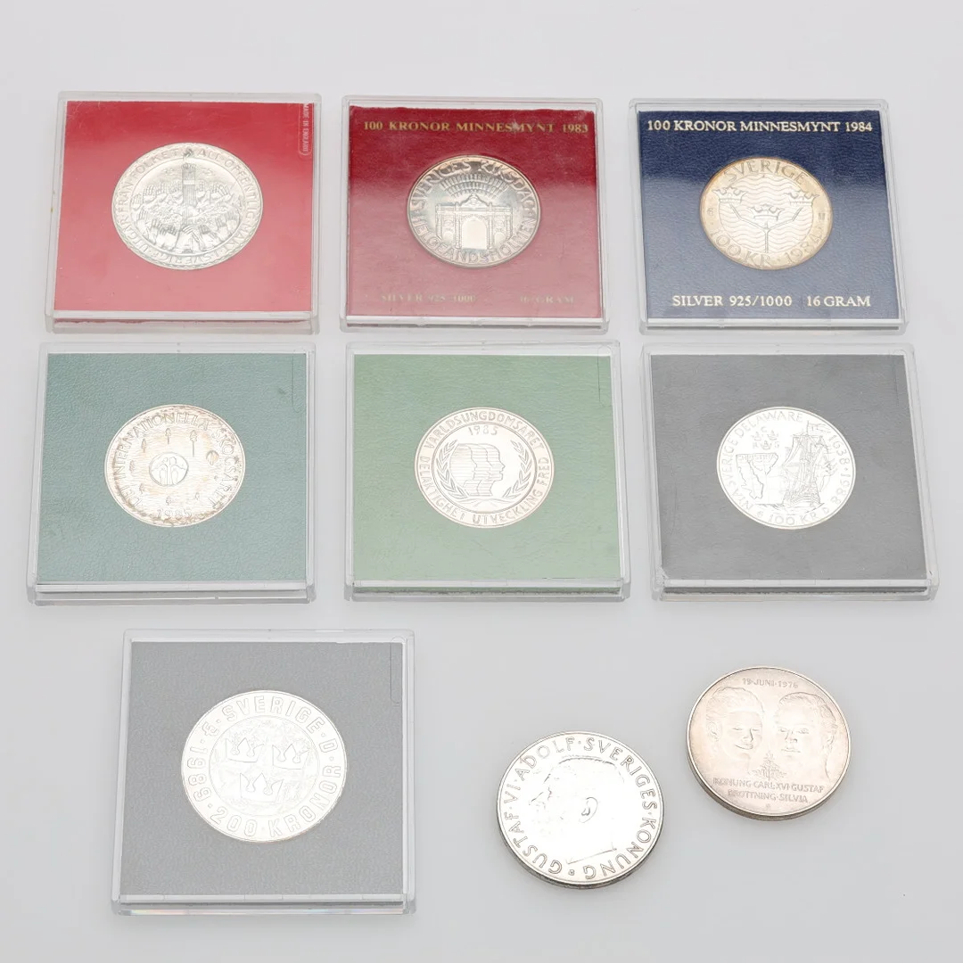 MINNESMYNT, silver, 9 stycken. — Coins & Banknotes — Höörs Auktionshall