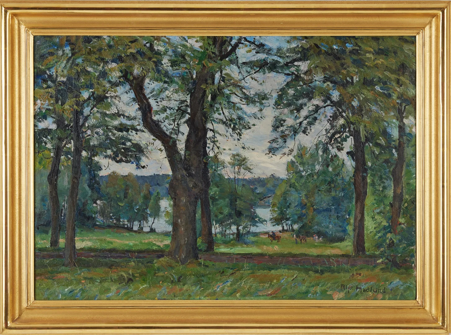 ALFRED HEDLUND. Skogsparti med hästar, olja på duk, signerad. — Paintings — Stockholms Auktionsverk Magasin 5