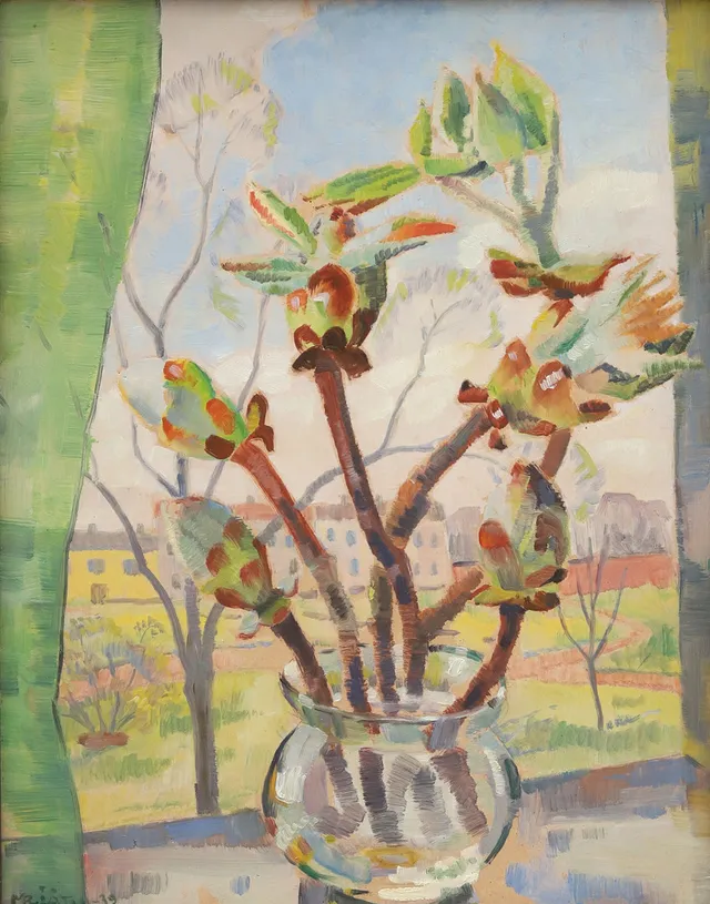 MAJA BÅÅTH (1883-1984). Fönsterutsikt, olja på pannå, signerad och daterad, M Bååth -39.
