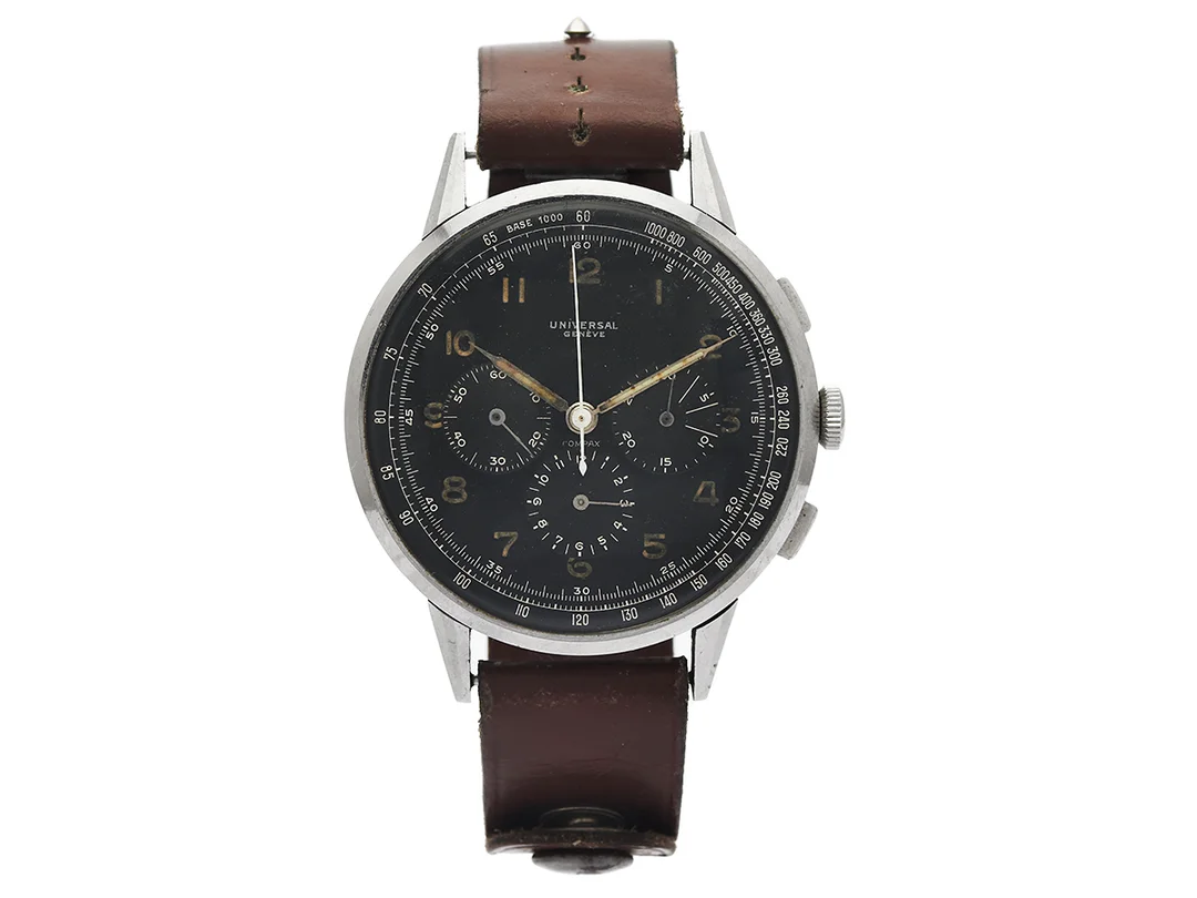 UNIVERSAL, Genève, Compax, "Oversize", Cal 292, Boett nr. 878135 / 22531, kronograf (defekt), herrur, 46 mm, stål (Enversteel), manuell, plexiglas, fasta bandstift, läderband, ca 1945. — Klockor/Universal — Kaplans