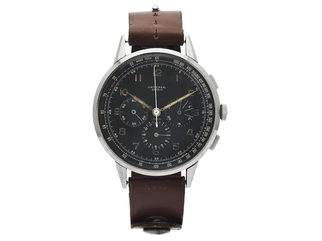 UNIVERSAL, Genève, Compax, "Oversize", Cal 292, Boett nr. 878135 / 22531, kronograf (defekt), herrur, 46 mm, stål (Enversteel), manuell, plexiglas, fasta bandstift, läderband, ca 1945.