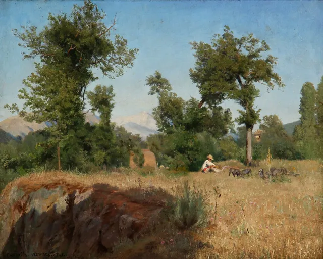 Viggo Pedersen. Landskab med person, Carnella 1883