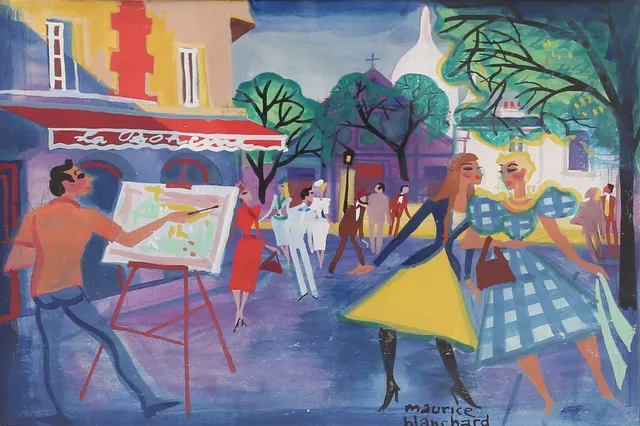 MAURICE BLANCHARD. Konstnären själv på Place du Tertre, Montmartre, gouache, signerad.