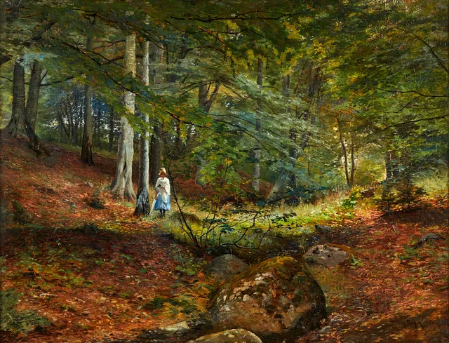 WILHELM BEHM. Flicka i grönskande bokskog.