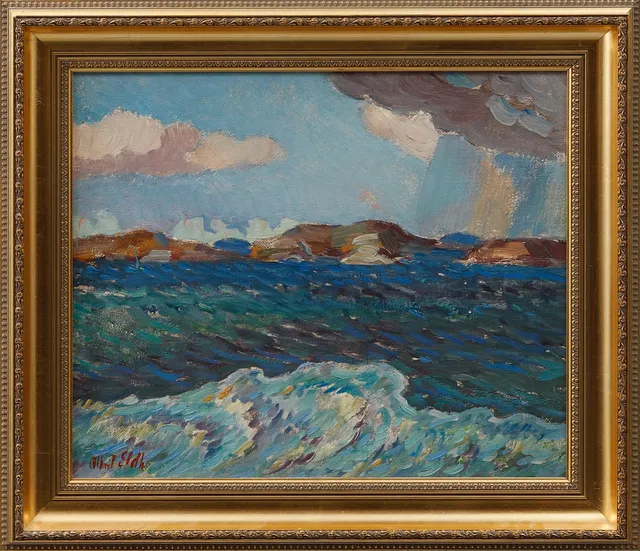 ALBERT ELDH. Regnskyar över bohuskust, olja på pannå, signerad.