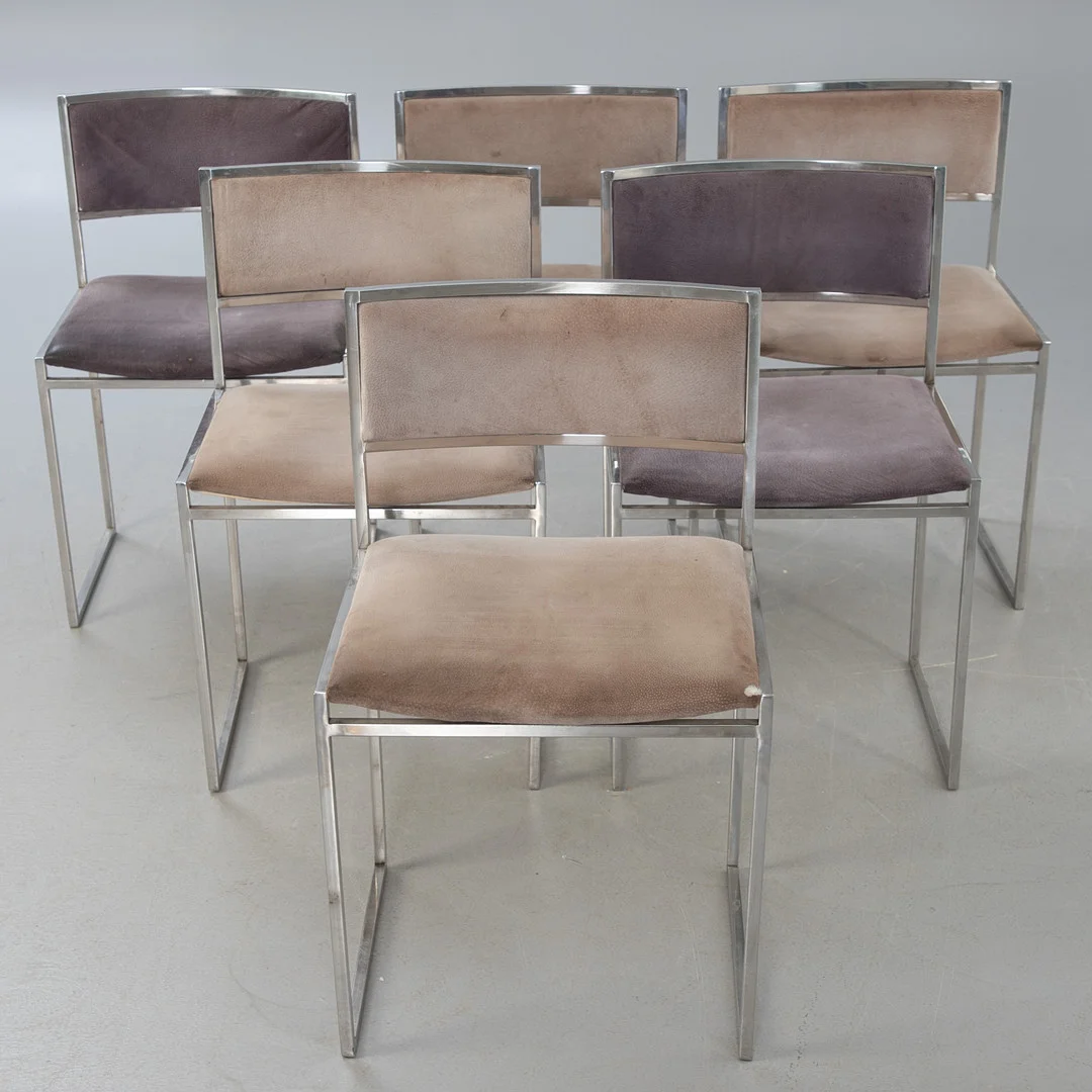 WILLY RIZZO. Jean Charles. 6 Stühle, "Modell SQ". Italien, 1970er Jahre. — Armchairs & Chairs — Stockholms Auktionsverk Hamburg