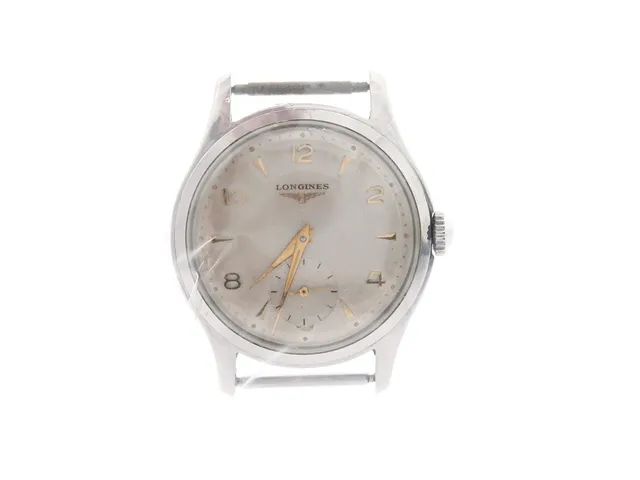 Longines, herrur, stål, 35mm, manuell, liten sekundvisare, sliten urtavla, ca 1950, antimagnetic, shock-resistent, saknar armband