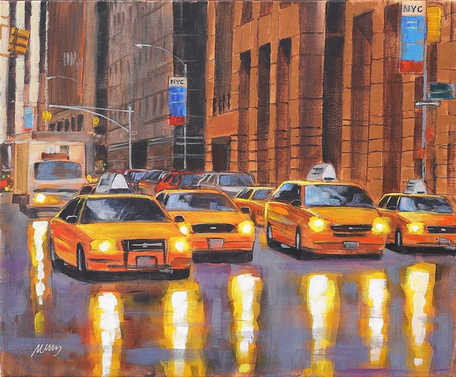 MARCUS JACOBSSON. Olja på duk, taxibilar i New York, signerad Marcus.