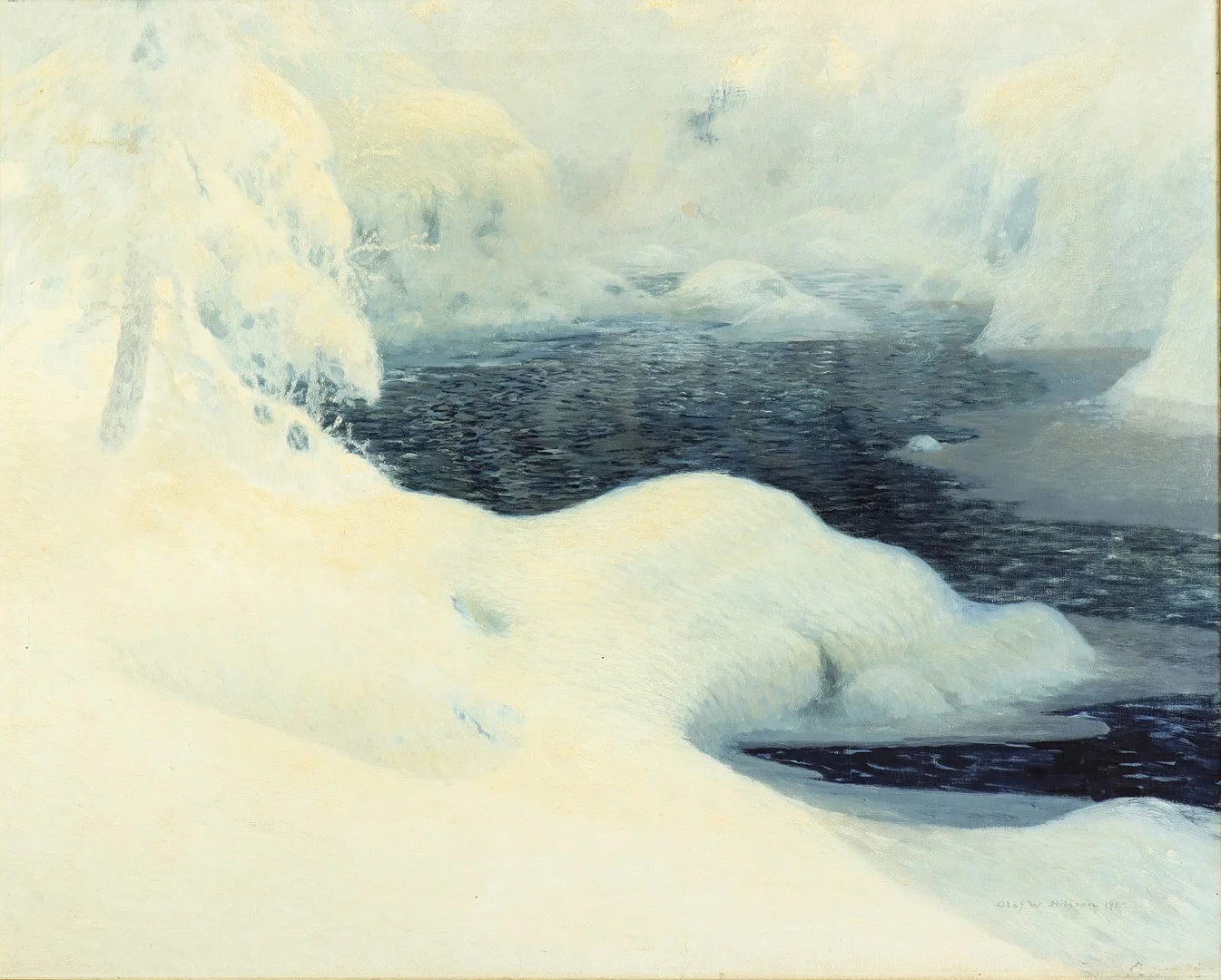 OLOF WALFRID NILSSON. "Vinterlandskap med vattendrag och snötyngda träd", signerad och daterad 1920, olja på duk. — Paintings — Karlstad Hammarö Auktionsverk