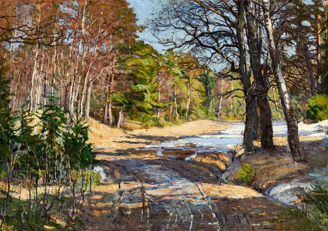ELSA SCHULTZ MOBERGER (1879-1978): Solbelyst vårvinterdag, signerad, olja på pannå.