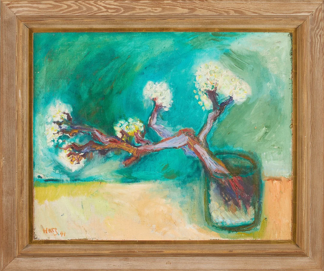 FELIX HATZ. Stilleben, blommande kvist i vas, olja på duk, signerad Harz, daterad 1941. — Paintings — Stockholms Auktionsverk Sickla