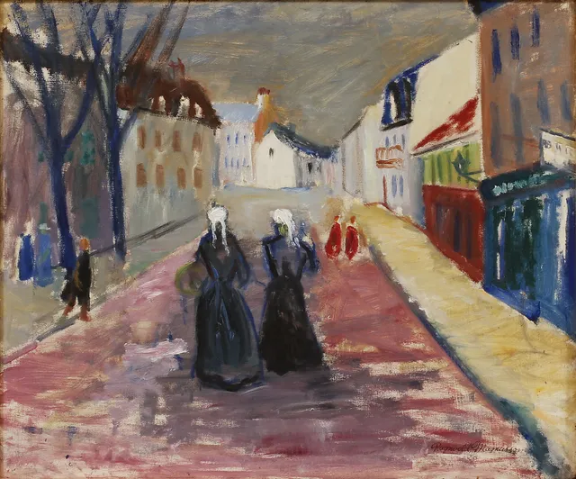 RAGNVALD MAGNUSSON. Gatubild med figurer, olja på duk, signerad.