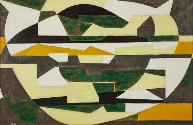 OLLE BONNIÉR. Komposition, olja på duk, 67,5 x 104,5 cm.