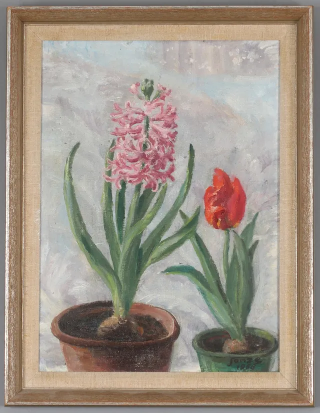 PAUL JONZE. "Blommande lökar mot frostig ruta", olja på pannå, signerad och daterad 1958.