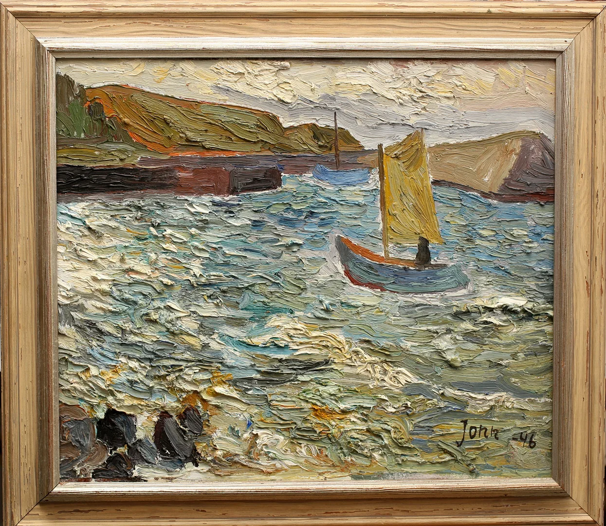 GUNNAR JONN. Olja på duk, segelbåt i kustlandskap, signerad Jonn, daterad -46. — Paintings — Limhamns Auktionsbyrå