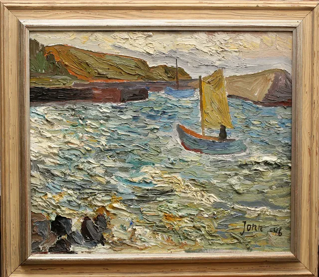 GUNNAR JONN. Olja på duk, segelbåt i kustlandskap, signerad Jonn, daterad -46.
