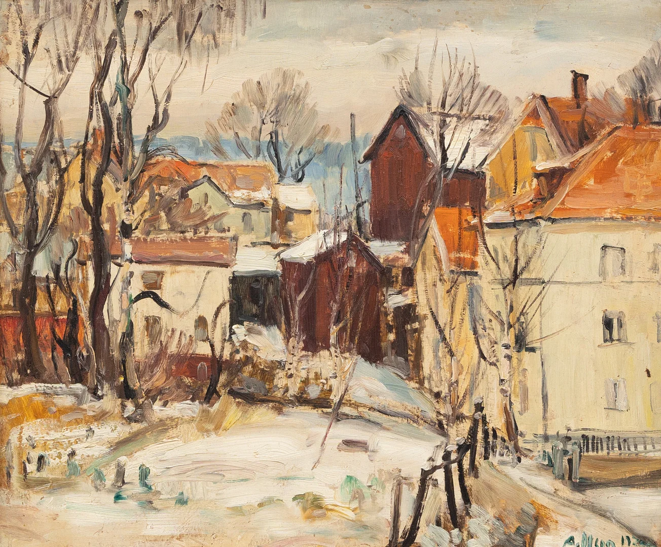ANDERS OLSON (1880-1955). "Husgrupp", olja på pannå, signerad och daterad 1930. — Paintings — Garpenhus Auktioner