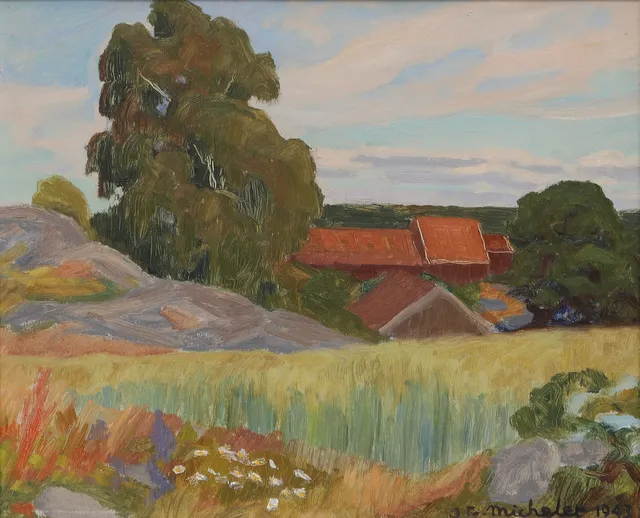 JOHAN FREDRIK MICHELET (NORGE 1905-1984). Sommarlandskap, olja på pannå, signerad och daterad 1943.
