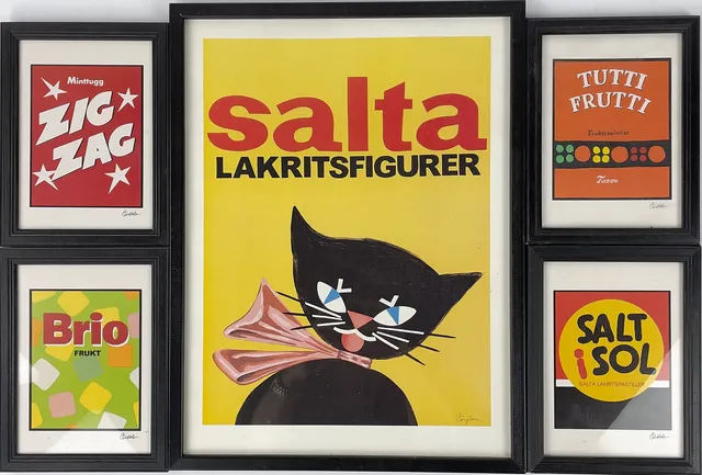 TAVLOR, 5 st, inramade retroreklamtryck av klassisk godisask.