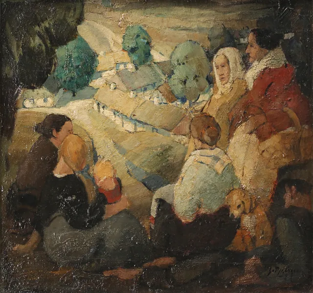 GOTTFRID OLSSON. Olja på pannå, kvinnor håller rast, signerad och daterad -.22.