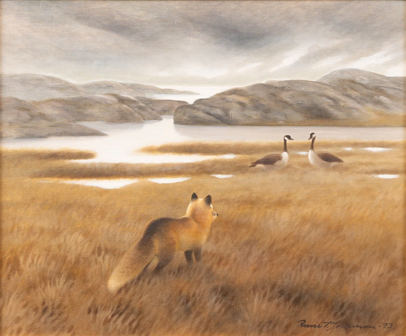 RUNE JOHANSSON (FÖDD 1943). "Räv med kanadagäss", olja på dudk, signerad och daterad -93. — Paintings — Garpenhus Auktioner