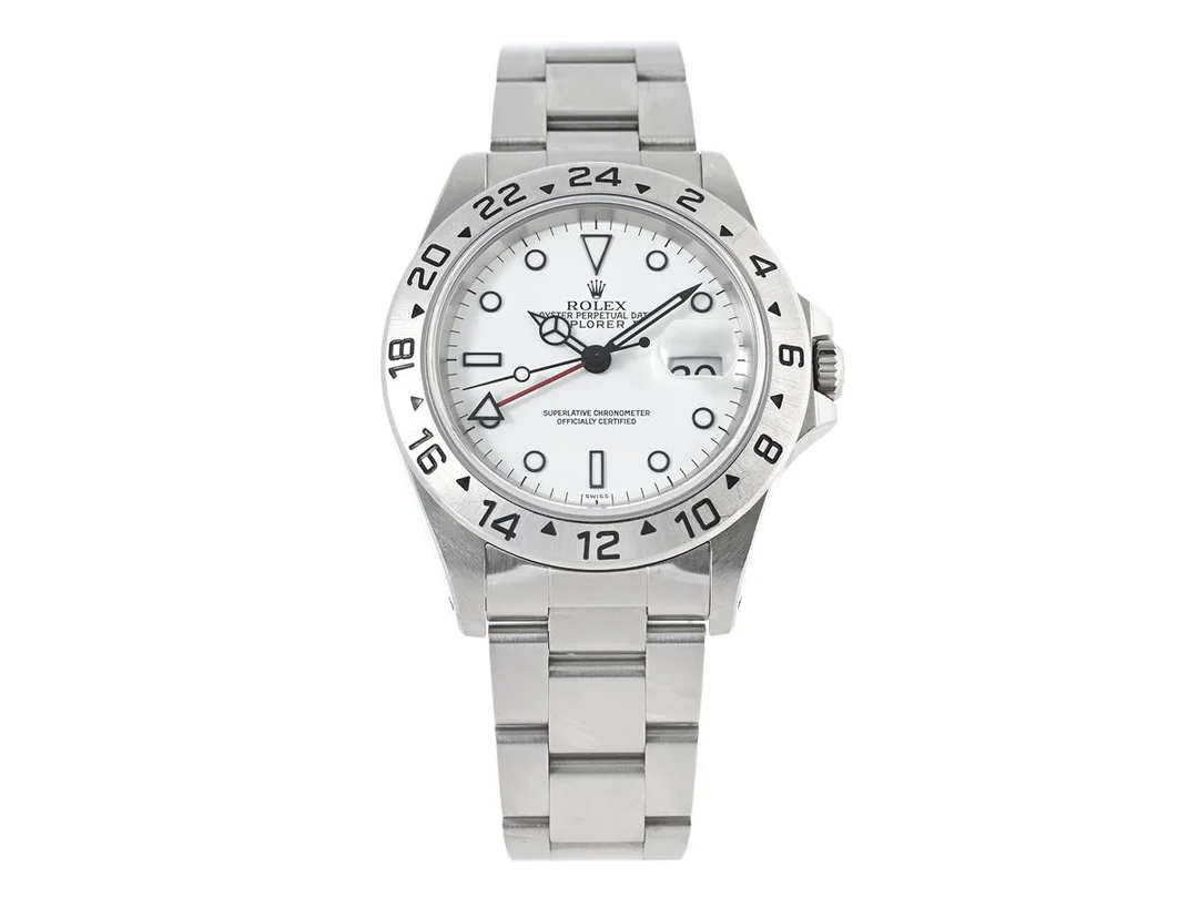ROLEX, Oyster Perpetual Date, Explorer II (Swiss), Chronometer, s.k. "Swiss Only Dial", Ref nr. 16570, Serie nr. A294898, Cal 3185, Verk nr. 3 8282712, Boett nr. 16570, herrur, 40 mm, stål, automatisk, safirglas, datum, 24-timmarsvisning, Oysterlocklänk, viklås, Ref nr. 78790-X3/501 B, cert, maj 1999, box (ej komplett), ytterkartong. — Klockor/Rolex — Kaplans