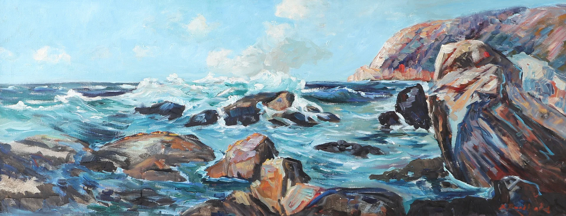 EMIL RUNEFJORD. Kustmotiv med klippor, olja på duk, signerad E Runefjord. — Paintings — Helsingborgs Auktionskammare
