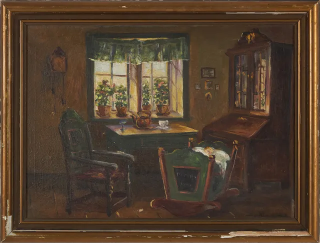 SIGRID BECH KNUDSEN (1864-1948). Allmogeinteriör, olja på duk, signerad.