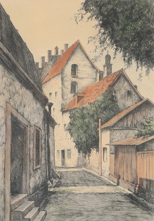 GASTON SMIDT. Motiv från Visby, färglitografi, signerad.