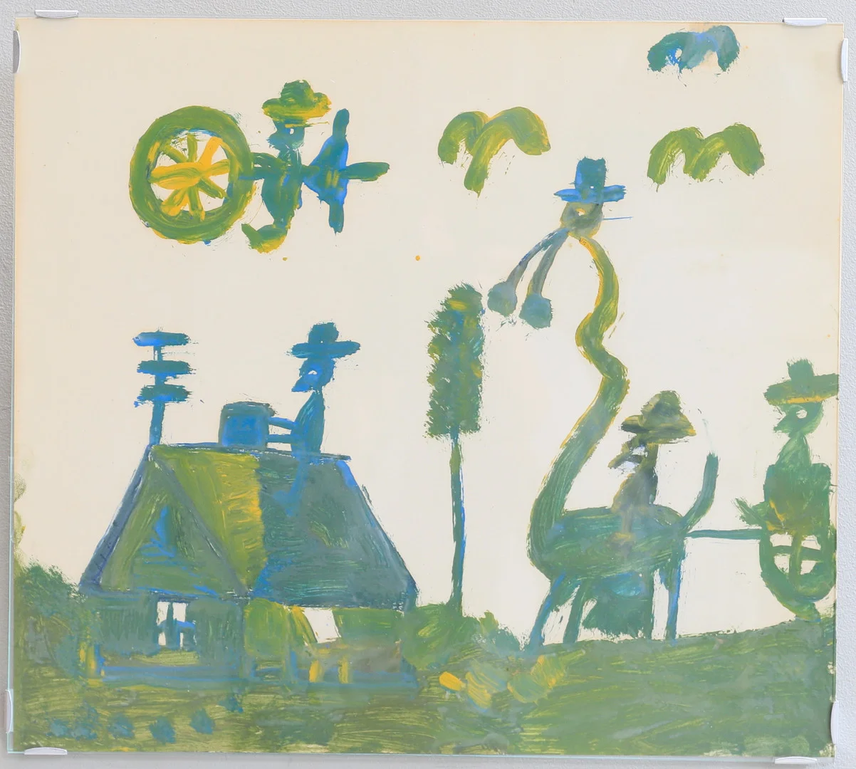 NILS RUNDGREN. "Björnjägarn", komposition med figurer, djur och hus, olja på papper. — Paintings — Gomér & Andersson Nyköping