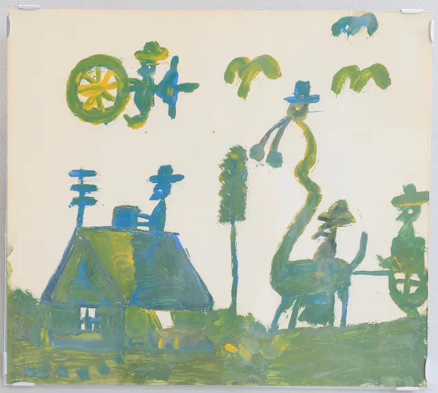 NILS RUNDGREN. "Björnjägarn", komposition med figurer, djur och hus, olja på papper.
