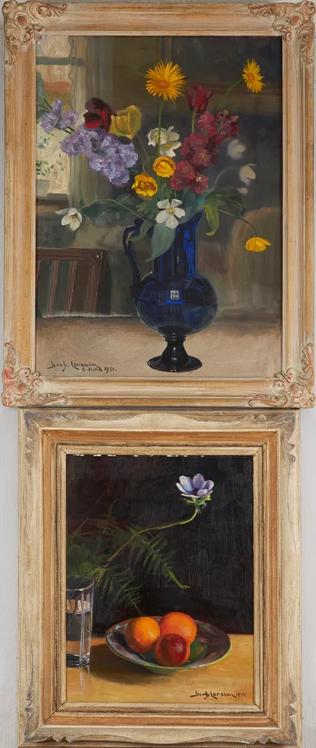 GERHARD LARSSON. Stilleben, 2 st, olja på duk respektive pannå, signerade, 1951 respektive 1944.