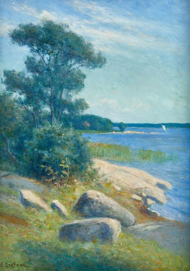 ELIAS ERDTMAN (1863-1945). Sommarseglats vid Äpplaröbaden, Stockholms skärgård, signerad E.Erdtman, olja på pannå.