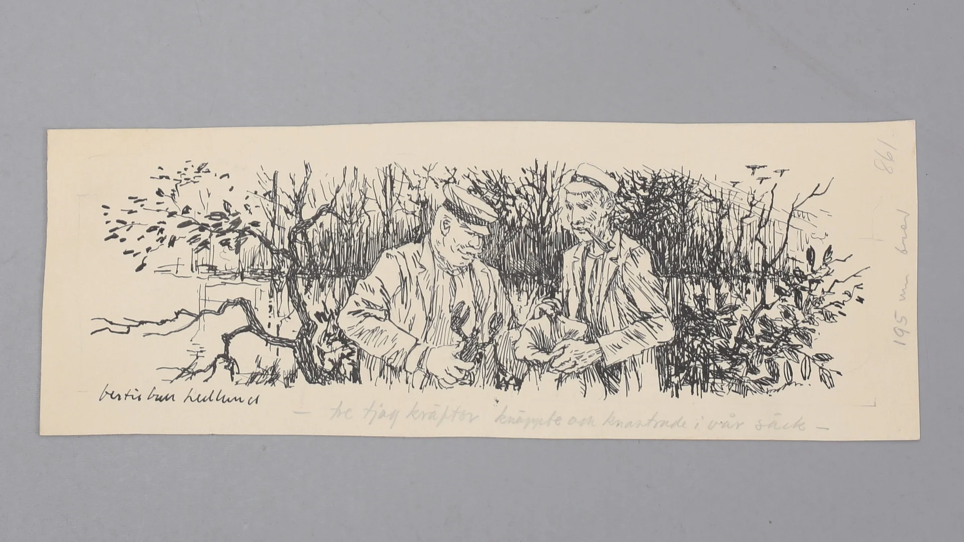 BERTIL BULL HEDLUND. Tuschteckning, "Tre tjog kräftor knäppte och knastrade i vår säck", signerad. — Drawings — Auktionshuset Thelin & Johansson