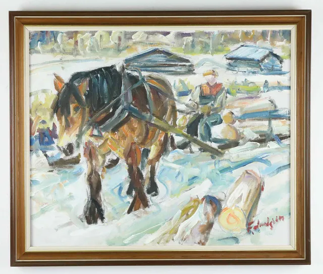 FRED LUNDGREN. olja på duk, vinterlandskap, häst i arbete, signerad.