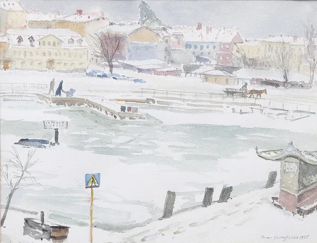 IVAR GUSTAFSSON. "Januaridag, Karlskrona", akvarell, signerad, daterad 1955.
