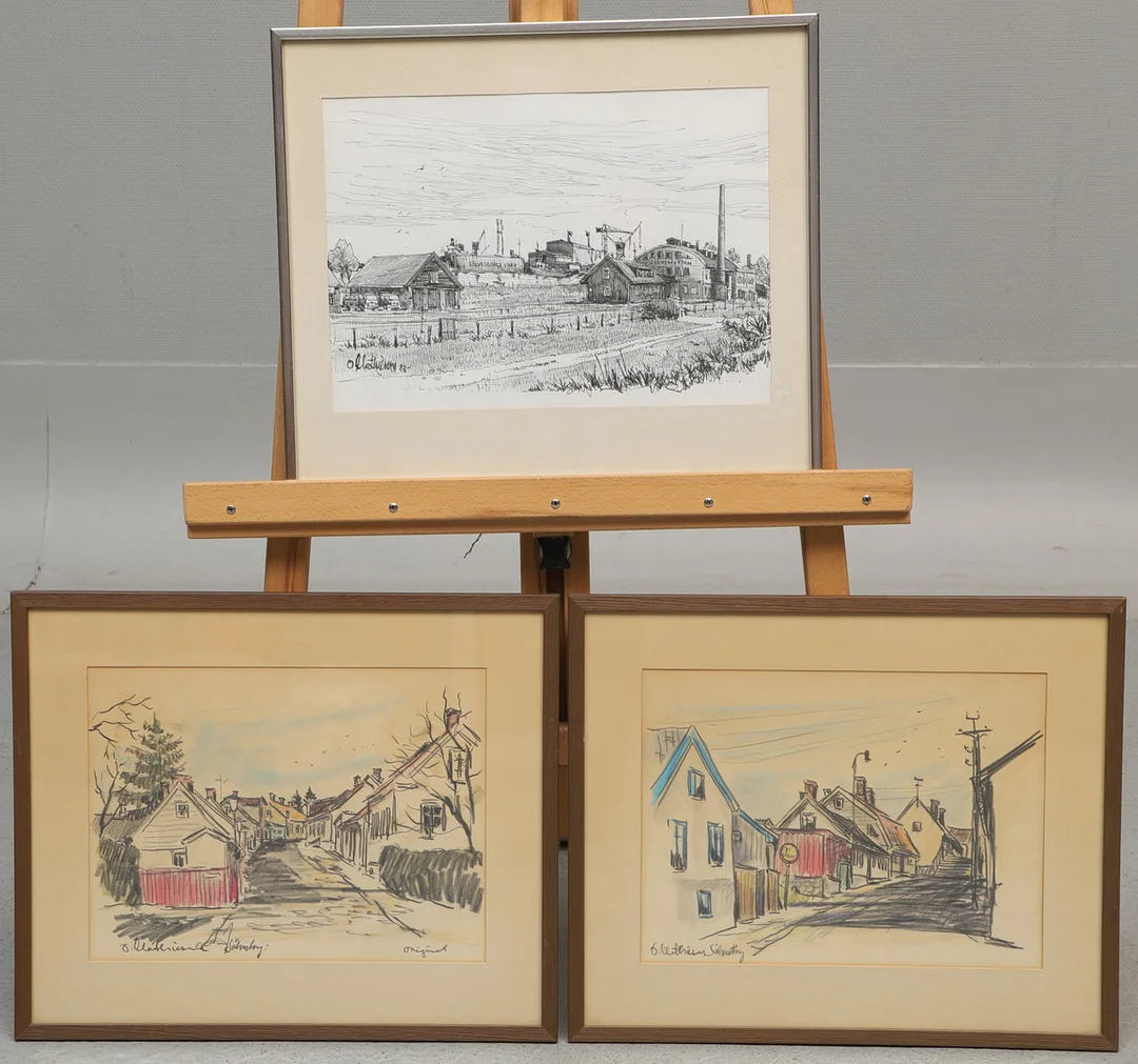 OVE MATHIESEN. Teckningar, 3 st, Sölvesborgsmotiv, signerade. — Drawings — Ekenbergs Auktioner