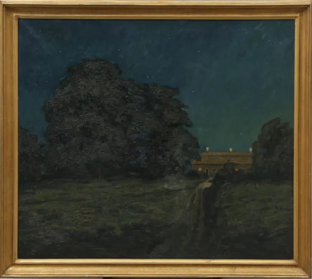 RAGNAR SWAHN. JÄTTEOLJA, på duk, Gårdsmiljö, signerad.