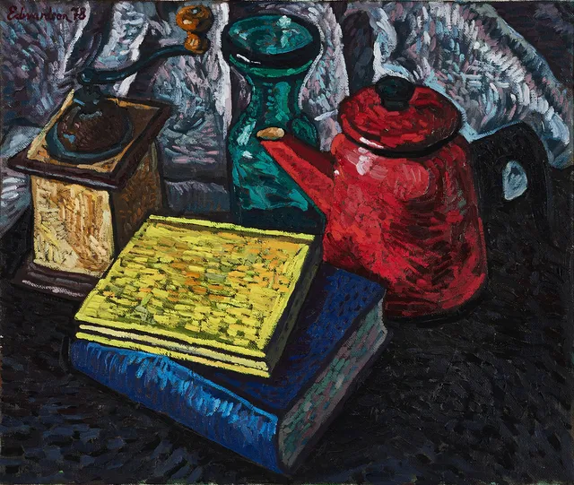 CHRISTER EDWARDSON SCHMITERLÖW (Karlskrona 1926-1995 Stockholm), "Stilleben, kaffekvarn, böcker", signerad och daterad -78, olja på duk.