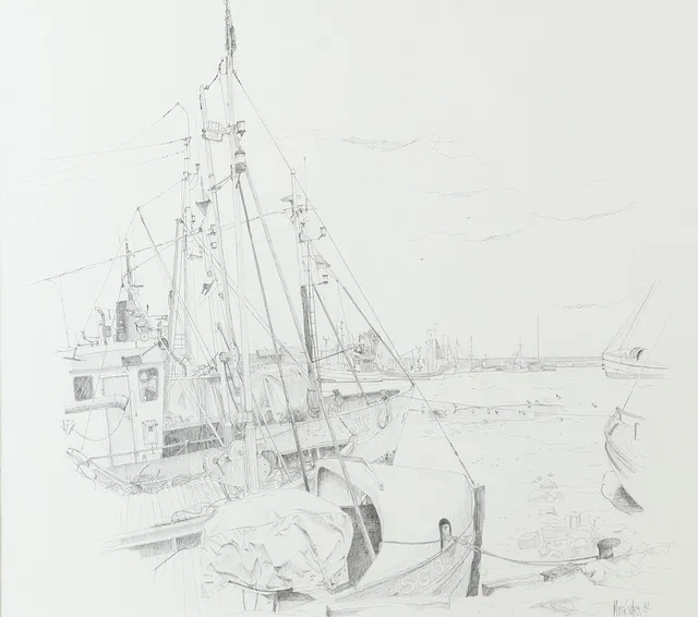 MONA SVÄRD. Hamnmotiv, grafiskt blad, signerad -87.