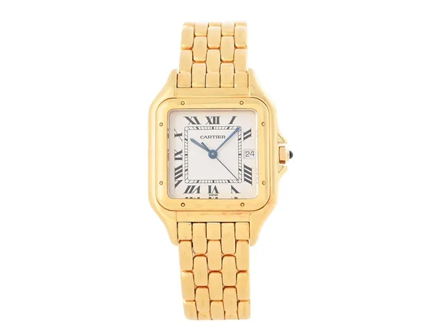 CARTIER, Panthère, Cal 83, Boett nr. 8839680374, unisex, 27,5 x 28 (38) mm, 18K guld, quartz, safirglas, datum, defekt (går ej, akut servicebehov), originallänk, viklås, totalvikt 109,86 gram, ca 1985.