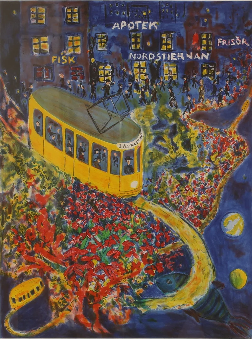 PLURA JONSSON. Färglitografi, "Treans spårvagn", signerad och numrerad 183/290. — Engravings & Prints — RA Auktionsverket Norrköping