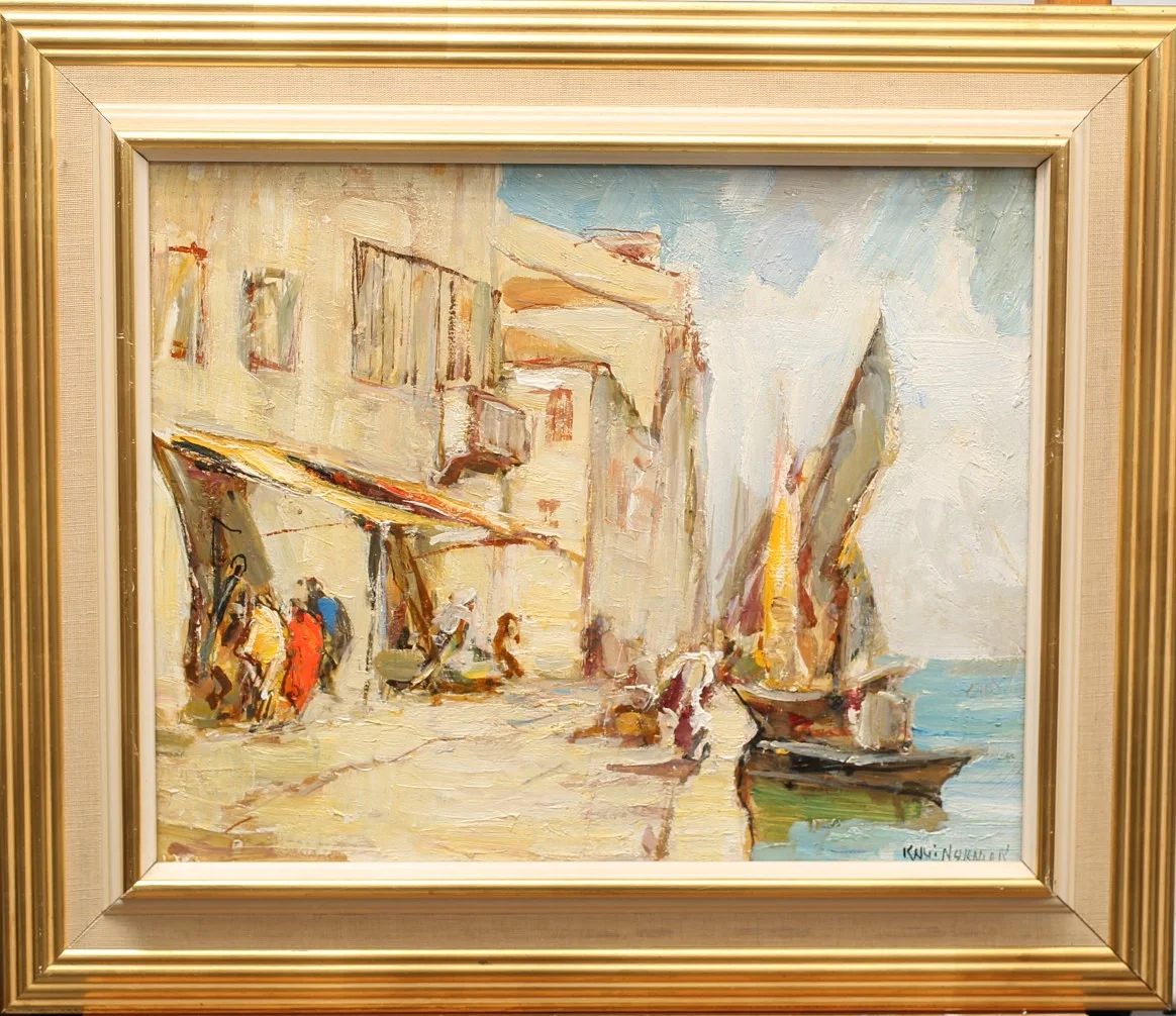 KNUT NORMAN. Olja på pannå, båtar förtöjda vid kajkant signerad. — Paintings — Limhamns Auktionsbyrå