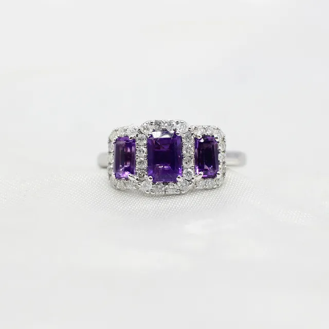 AMETHYST & DIAMOND TRILOGY CLUSTER RING.