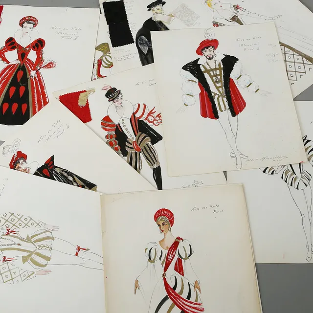 ALVAR GRANSTRÖM. Dräktskisser, 12 st, blandteknik, till Riksteaterns uppsättning av "Kiss me Kate" 1969.