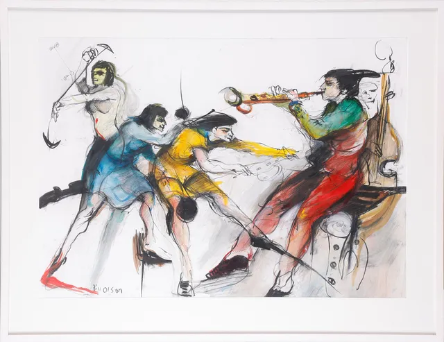 BILL OLSON (1950- ). Två motiv, "Alltid på Turné", "Jazzspelning", blandteknik på papper, 2000-tal.