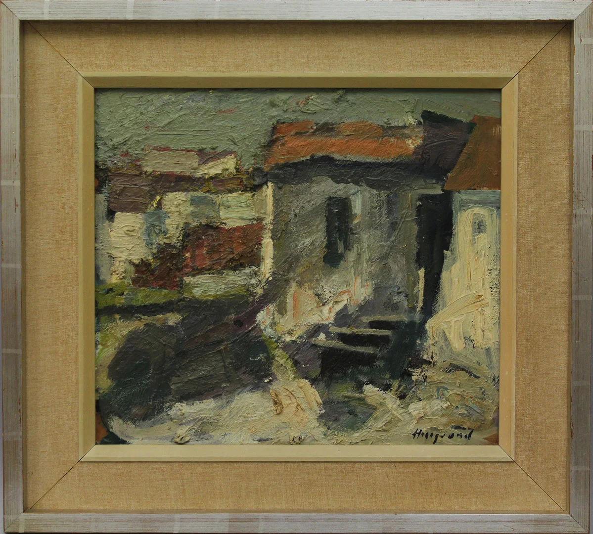 BENGT HILLGRUND. Stilleben. Husgavlar. Olja på pannå. Signerad Hillgrund. — Paintings — Garpenhus Auktioner