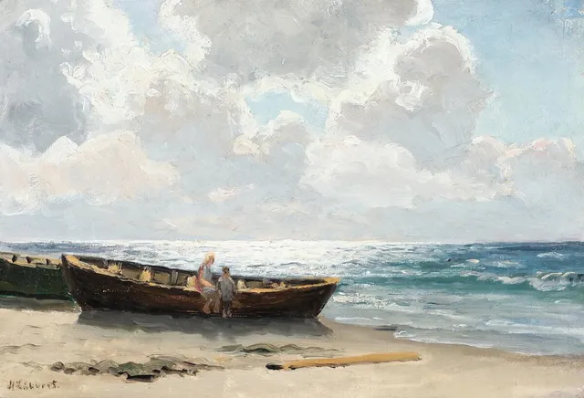 “Strandbred ved Agger”. View from a beach with a drawn-up dinghy. Oil on canvas. Signed H. Lübbers. Oil on canvas. 21.5 × 31.5 cm.