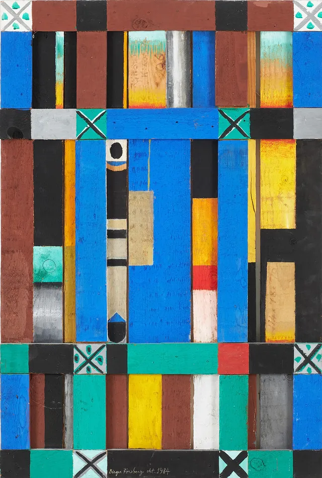 BIRGER FORSBERG (1922-2012). Abstrakt objekt, trärelief / väggskulptur, polykromt bemålade och monterade träplattor, signerad och daterad okt 1984.